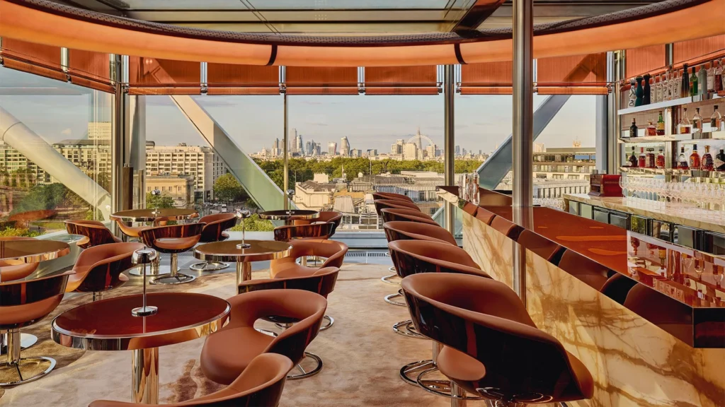 The rooftop bar at The Emory in Knightsbridge combines a sleek design, immaculate service and panoramic views over Hyde Park and beyond.